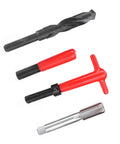 Stainless Steel Thread Repair Kit with M18x1.5 threaded inserts, drill, tap, red handle wrench, and hex wrench for auto parts repair.