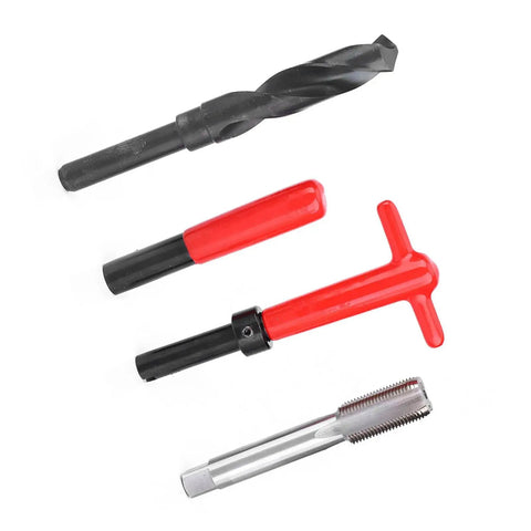 Stainless Steel Thread Repair Kit with M18x1.5 threaded inserts, drill, tap, red handle wrench, and hex wrench for auto parts repair.