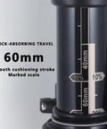 Close-up of Mountain Bike Front Fork With Pneumatic Shock Absorbing Magnesium Alloy Build, 60mm travel scale shown in detail.