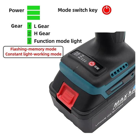 Close-up of Cordless Rivet Gun With Charger And Batteries showing mode switch, gear settings, and 2.2Ah battery indicator