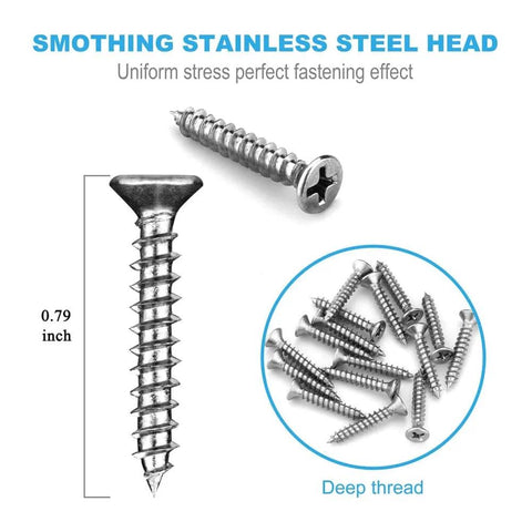 Close-up of stainless steel screws with smooth head and deep thread, shown in single and grouped, 0.79 inch length.
