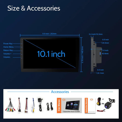 10.1 Inch Double Din Car Stereo With Wireless CarPlay And Android Auto HD Touchscreen display and accessories listed