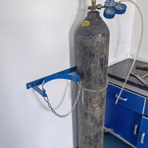 Beefed-Up Heavy-Duty Wall Mounted Oxygen Tank Cart Holder with chain, securing gas cylinder for stable storage indoors