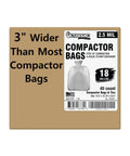 Box of Tough As Nails 18 Gallon Compactor Bags 40 Pack With Ties For 18 Inch Compactors 2.5 Mil Thick, labeled 3 inches wider