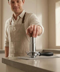Straight Up 58mm Espresso Tamper For Dead On Pulls Daily Brushed Stainless Steel Coffee Press with Wood Grip in Use