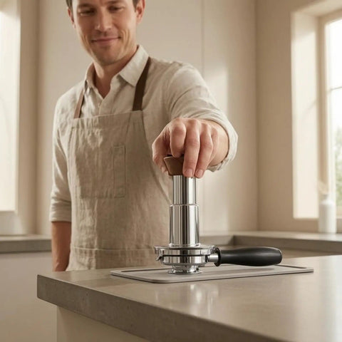 Straight Up 58mm Espresso Tamper For Dead On Pulls Daily Brushed Stainless Steel Coffee Press with Wood Grip in Use