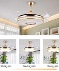 Retractable Gold Ceiling Fan With Light And Invisible Blades, 42 Inch Crystal Chandelier LED Lamp, Three Color Temperatures