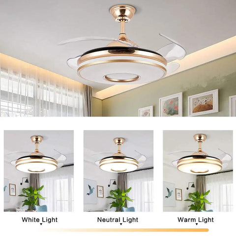 Retractable Gold Ceiling Fan With Light And Invisible Blades, 42 Inch Crystal Chandelier LED Lamp, Three Color Temperatures