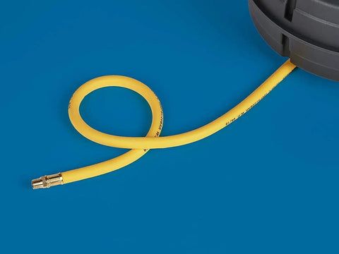 Retractable Air Tool Hose Reel With Polypropylene Case And Three Eighth Inch By Fifty Foot Premium Hybrid Polymer Hose close-up on blue background