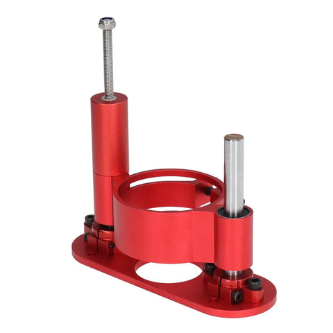 Heavy Duty Beast Mode Router Table Insert Plate And Lifting Base Kit With Steel Support Rod, red aluminum assembly for woodworking.