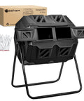 Dual Chamber Compost Bin Outdoor 43 Gallon Rotating Tumbling Composter With Sliding Doors shown with box and gloves
