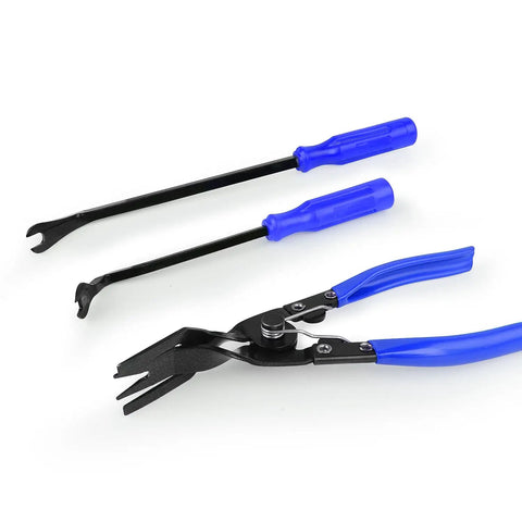 Three Piece Auto Trim Removal Tool Set No Scratch Pry Tools With Handy Storage Bag, blue handles, shown angled on white background.
