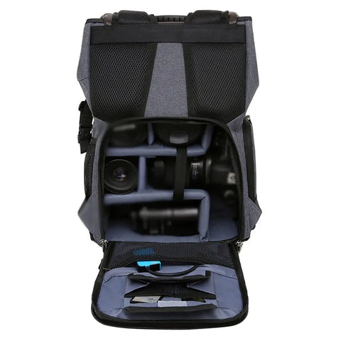 Open DSLR Waterproof Camera Backpack With Large Capacity Anti Theft Design showing interior compartments