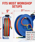 Retractable Welding Hose Reel With One Quarter Inch By One Hundred Foot Twin Oxygen And Acetylene Rubber Hoses Heavy Duty Industrial Standard Duty 200 PSI Single Arm Construction with dimensions.