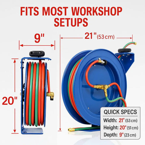 Retractable Welding Hose Reel With One Quarter Inch By One Hundred Foot Twin Oxygen And Acetylene Rubber Hoses Heavy Duty Industrial Standard Duty 200 PSI Single Arm Construction with dimensions.