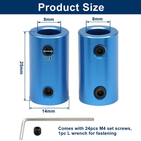 Rigid Shaft Coupler 8mm To 8mm Aluminum Alloy, 6 Pack, high precision connector, blue, with M4 screws and L wrench, product size details