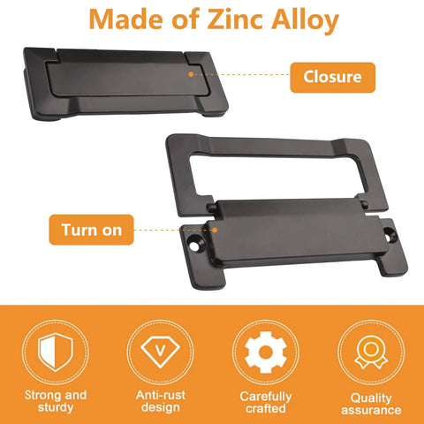 Matte black zinc alloy 2 pack pocket door drawer handle flush pull, closure and turn-on view, with features highlighted below