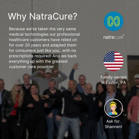 Group of diverse people outside a building with text about NatraCure's commitment to consumer healthcare technology.
