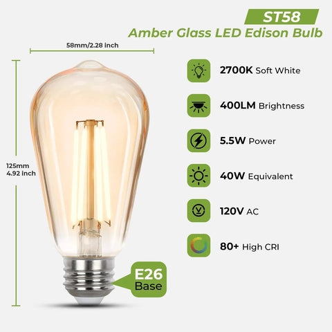 Diagram of Vintage Edison Style LED Bulbs Dimmable ST58 E26 2700K Soft White 40W Equivalent 400LM CRI90 UL Listed