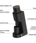 Top Shelf Single Dose Electric Coffee Grinder With 38mm Conical Burrs And Stepless Dial 30G Hopper, features labeled parts.