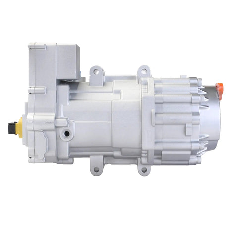 High Output 66Cc R290 DC AC Compressor Universal Fit for Electric Cars Trucks and Buses, 66cc silver sealed body detail.