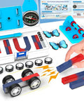 Hands On Magnet Kit For Kids With 13 Magnets And Accessories For STEM Experiments showing magnets, compass, and experiment tools