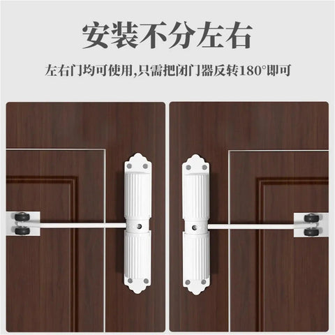 Automatic Aluminum Door Closer With Safety Spring Soft Close, installed on wooden sliding doors, showing 180 degree swing.