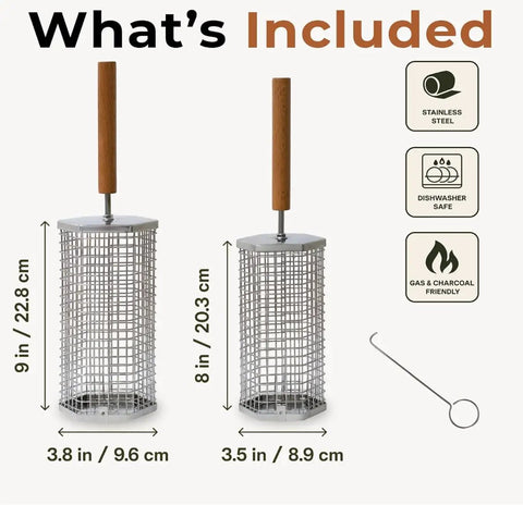 Two Pack Rolling Grill Basket For Even Cooking With Lid And Removable Wooden Handle Stainless Steel BBQ Grilling Basket shown with dimensions.