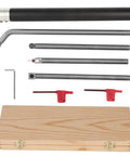 Super Cool Removable Wood Lathe Turning Tools Set With Hard Carbide Bits displayed with handle, carbide bits, and wooden case.