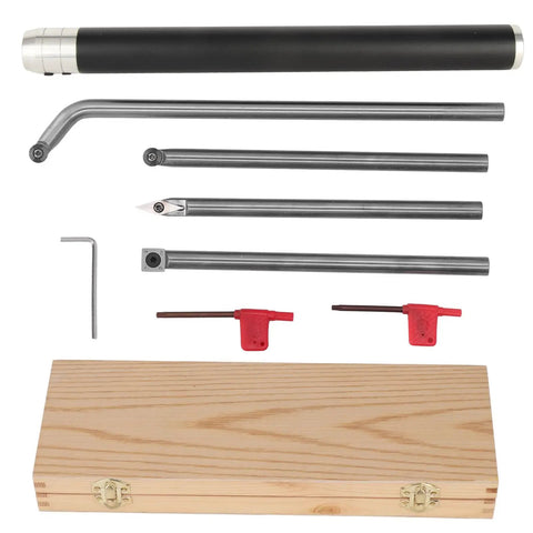 Super Cool Removable Wood Lathe Turning Tools Set With Hard Carbide Bits displayed with handle, carbide bits, and wooden case.