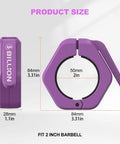 Heavy Duty 2 Inch Barbell Clamps Set Of Two Quick Release Weight Clips With Grippy Anti Slip TPR Lining Secure Weightlifting Collars For Home Gym Or Pros Use Purple, side view displaying dimensions.