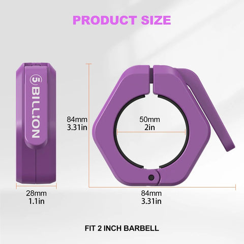 Heavy Duty 2 Inch Barbell Clamps Set Of Two Quick Release Weight Clips With Grippy Anti Slip TPR Lining Secure Weightlifting Collars For Home Gym Or Pros Use Purple, side view displaying dimensions.