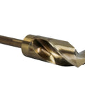 Pro Grade Cobalt Drill Bit One And One Eighth Inch Diameter With Reduced Half Inch Shank DWDCO Series High Speed Steel Black Oxide Finish