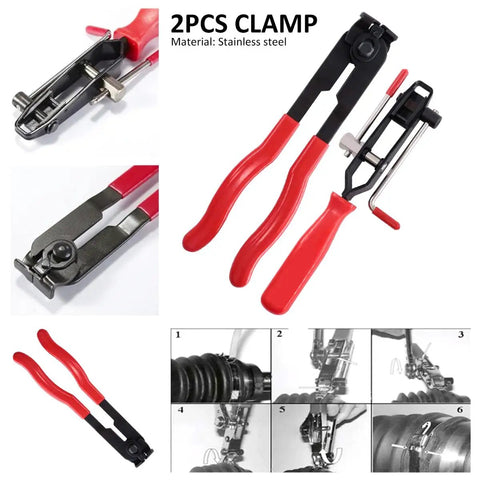 CV Boot Clamp Pliers Kit Set 10 Pack Stainless Steel Universal Adjustable with two ergonomic red-handled pliers shown in detail