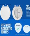 Top Tier White Plastic Elongated Toilet Seat Featuring Quick Release Hinges And Gentle Slow Close Design For No Fuss Setup On Standard Oval Bowls size guide with measurements.