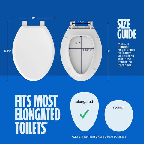 Top Tier White Plastic Elongated Toilet Seat Featuring Quick Release Hinges And Gentle Slow Close Design For No Fuss Setup On Standard Oval Bowls size guide with measurements.