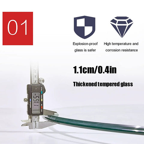 Caliper measuring thickness of Heavy Duty Tempered Glass Lazy Susan Turntable For Dining Table 39 Inch Round Serving Tray