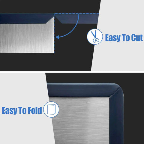 Self Adhesive Rubber Edge Trim U Channel Edge Trim For Quarter Inch Mirror And Flexiglass EPDM Material Black 20 Foot Roll Fits Quarter Inch Edges Easy Install No Glue Needed shown in two sections, illustrating easy cutting and folding features.