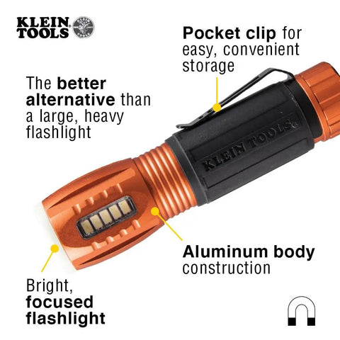 Close-up of a compact, durable aluminum LED flashlight with work light, featuring a pocket clip and magnetic end for hands-free use.