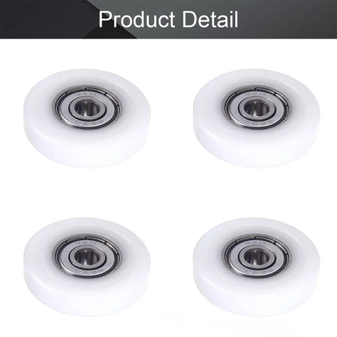 Rock Solid White Nylon Roller Idler Pulley With 626ZZ Bearing Slick Sliding Conveyor Wheel For Furniture Tracks Cabinet Doors 4 Pack, showing four rollers.