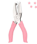 Close-up of a 1/4 Inch Star Hole Punch With Soft Grip Handle For Tags And Crafts, shown with pink cushioned handle and star shapes