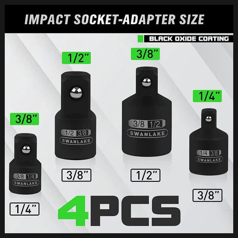 Seven Piece Impact Socket Adapter Kit For Drills With Hex Shank To One Quarter Inch, Three Eighths Inch And One Half Inch Drive