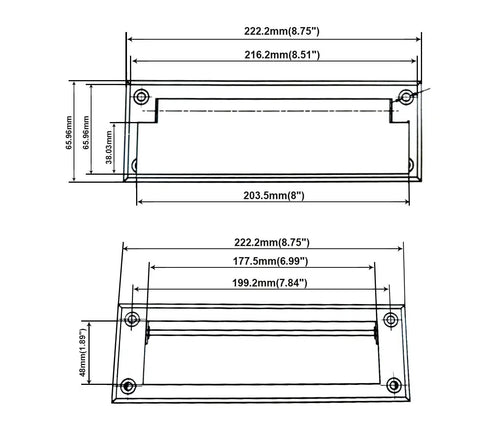 Technical drawing of Solid Brass Mail Slot With Solid Brass Interior Frame, Matte Black Finish, Eight And Seven Eighths By Two And Seven Eighths Inches, 1 Pack, Made In Taiwan, Durable Build, Easy Install, Fits Most Front Doors, AntiCorrosion Design, Modern Look
