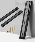 Soft Close Drawer Slides For Cabinets And Furniture, 6 To 40 Inch Length, Side Mount Rails In Black with screws visible