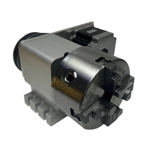 Shop Ready CNC Fourth Axis Rotary Indexer With 130Mm Four Jaw Chuck and Plug and Play Nema34 Stepper Motor, side view.