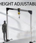 Heavy Duty Portable Gantry Crane With Four Thousand Pound Lift Capacity Adjustable Boom Shop Hoist shown height adjustable next to a figure.
