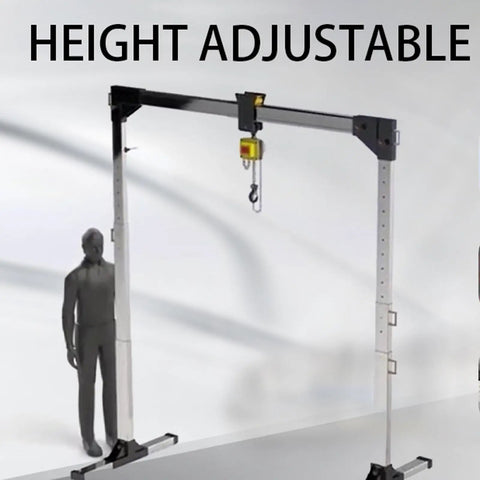 Heavy Duty Portable Gantry Crane With Four Thousand Pound Lift Capacity Adjustable Boom Shop Hoist shown height adjustable next to a figure.