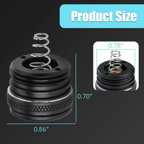 Strion Tail Cap Replacement Button End Click Switch for LED Flashlight, black aluminum with spring, product dimensions shown