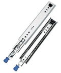 Top Shelf Full Extension Ball Bearing Drawer Slides Pair 58 Inch side mount hardware with blue handles for smooth glide.