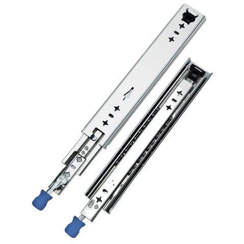 Top Shelf Full Extension Ball Bearing Drawer Slides Pair 58 Inch side mount hardware with blue handles for smooth glide.